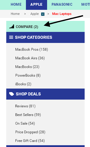 Click the Compare button compare the cheap discounted MacBook and MacBook Pro laptops you have selected.