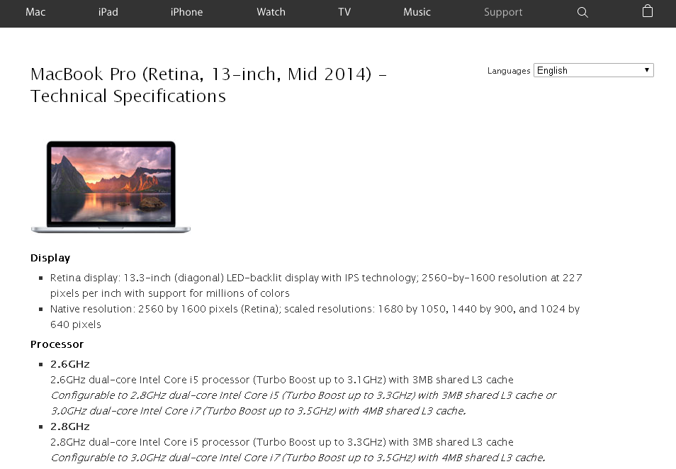 The Apple Specifications link takes you to the original Apple specifications page for the selected discout Mac laptop or desktop.
