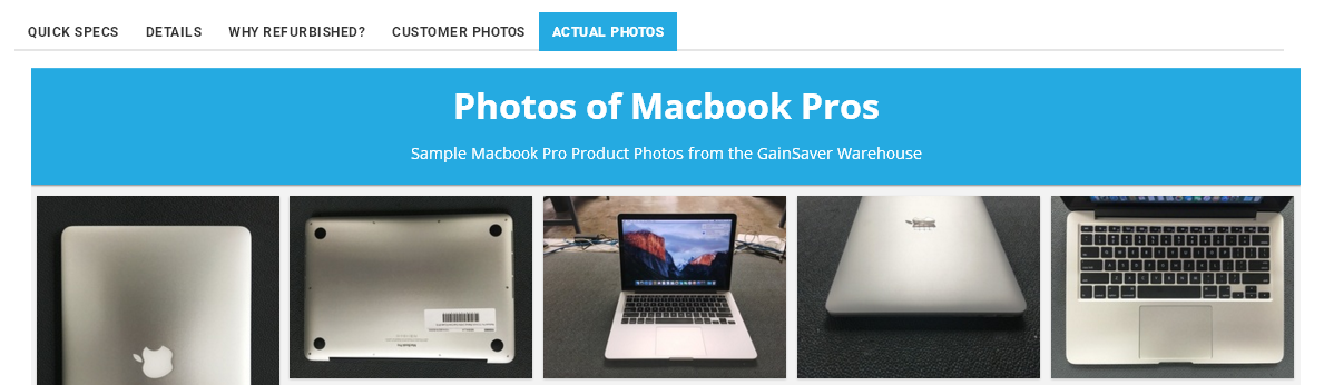 The Actual Photos tab shows images of used Macs taken by GainSaver technicians during testing and refurbishing.