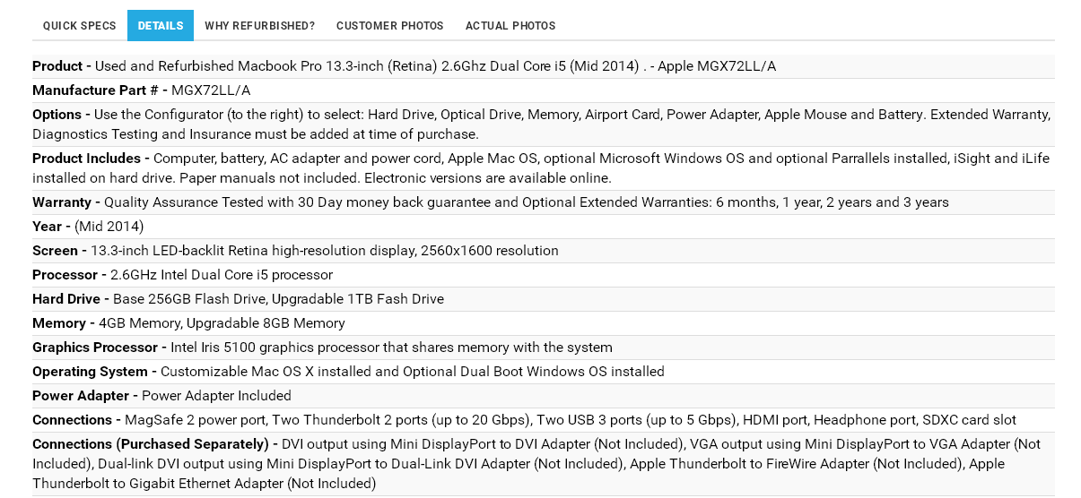 Under the Details tab you will find an extensive list of cheap used Mac system specifications, plus links to additional specs at the Apple website.