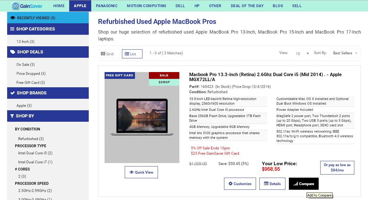 The Quick Specs for each used discount Mac appear in the list view.